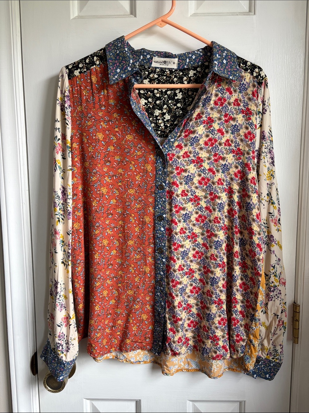NATURAL LIFE Mixed Floral Patchwork Button Up Blouse